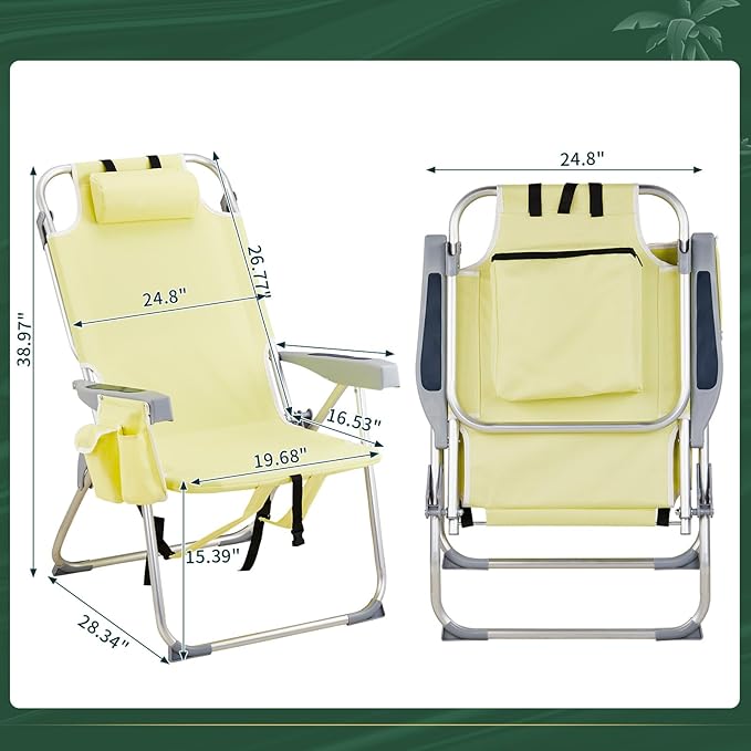 Tall Beach Chairs for Adults 5-Position Reclining Backpack Beach Chair with Cooler &amp Storage Pouch Portable Lightweight Folding Beach Chair with Aluminum Frame &amp Cup Holder Supports 220lbs