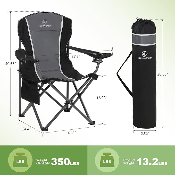 LET'S CAMP Oversized Outdoor Folding Camping Chair 2 Pack Heavy Duty Arm Chairs with Cup Holder and Storage Bag 350 LBS Weight Capacity Grey