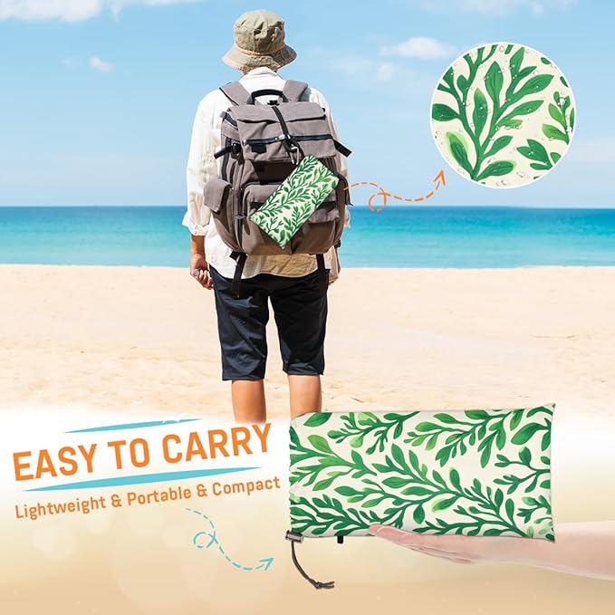 Waterproof Sandproof Beach Blanket 59''×68'' Bouquet Leaves Polyester Outdoor Picnic Blanket with 4 Stakes &amp Storage Bag for BeachCampingVacation Green