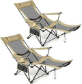 GYMAX Camping Chair Adjustable Reclining Lounge Chair w/Removable Footrest Padded Pillow Cup Holder &amp Side Pocket Folding Camping Mesh Chair w/Carry Bag for Outdoor Patio Lakeside (2 Khaki)