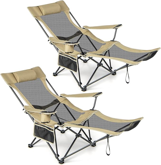 GYMAX Camping Chair Adjustable Reclining Lounge Chair w/Removable Footrest Padded Pillow Cup Holder &amp Side Pocket Folding Camping Mesh Chair w/Carry Bag for Outdoor Patio Lakeside (2 Khaki)