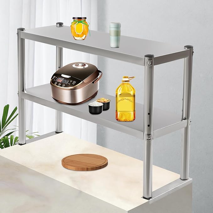 Stainless Steel Prep &amp Work Table Double Tier Stainless Steel Overshelf 36 in. Length x 12 in. Width Double Deck Overshelf Height Adjustable Overshelf for Prep &amp Work Table in Kitchen Rest