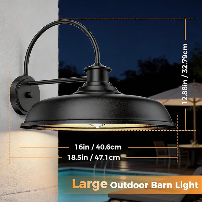 16in Large Barn Lights Outdoor Hardwired Farmhouse Outside Lighting Fixture Rustproof Modern Exterior Barn Lanterns Classic Gooseneck Hallway Wall Sconces for Porch Patio Backyard Set of Two