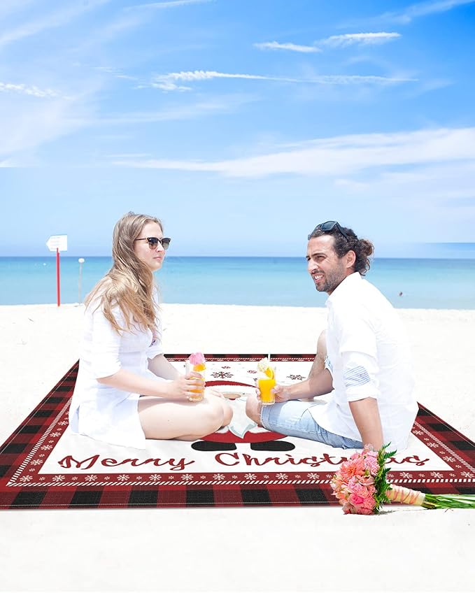 Beach Blanket Waterproof Sandproof Merry Christmas Cute Santa Winter Snowflake Quick Drying Beach Mat with 4 Stakes Red Hat Buffalo Check Lightweight Picnic Blanket for Travel Camping 118x108
