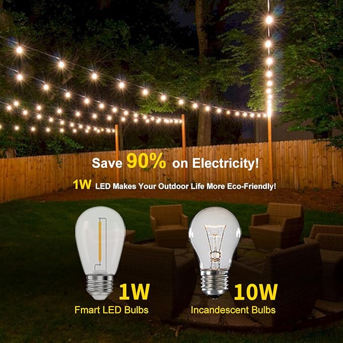 24 Feet Outdoor String Lights | IP65 Waterproof with 13 Shatterproof LED Bulbs | Warm White Patio Lights for Garden Cafe &amp Wedding - 5-Minute Tangle-Free Setup with Hooks