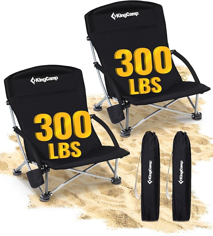 KingCamp Low Beach Chair High Back Folding Camping Chair for Adults Oversized Breathable Mesh Seat 300lbs Heavy Duty Portable Chair with Cup Holder &amp Storage Pockets for Beach Outdoor