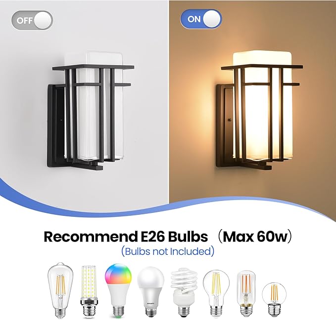 Outdoor Wall Sconce Waterproof Exterior Lights Wall Mount Anit-Rust Outdoor Wall Lantern with Rectangle White Glass Modren Black Exterior Wall Light for Front Door Patio Garage Entryway