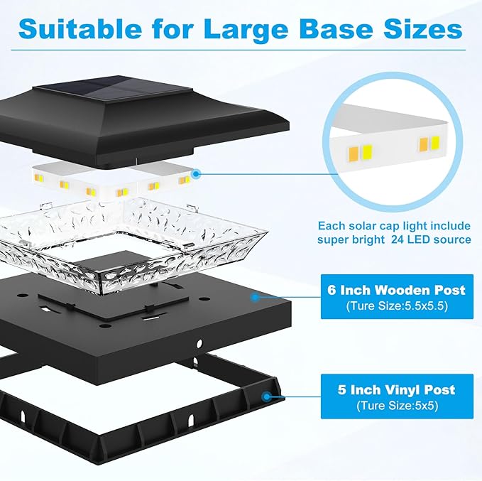 12 Pack Solar Post Cap Lights Outdoor 2 Modes (Warm/White Light) Black Fence Post Solar Powered Lights Waterproof for 5x5 5.5x5.5 6x6 Wooden/Vinyl Posts Decorate Garden Deck Patio Porch
