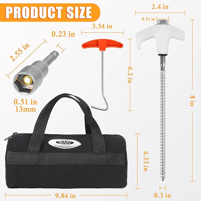 10 Pcs 8 Heavy Duty Drill Tent Stakes with Storage Bag Glow-in-The-Dark Ground Anchor Peg Metal Threaded Screw-in Tent Stake for Camping Swing Canopies with 1 Hex Nut Driver Peg Puller