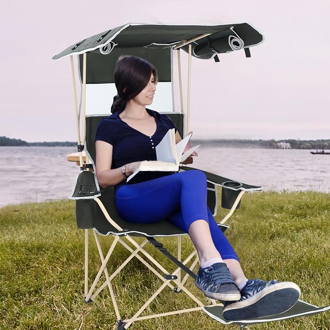 CDEN Canopy Chair Chair with Shade Umbrella Chairs Foldable Camping Chairs with Detachable Footrest Cooler Bag Cup Holder for Camping Picnic Sports Patio Traveling (1 Pack)