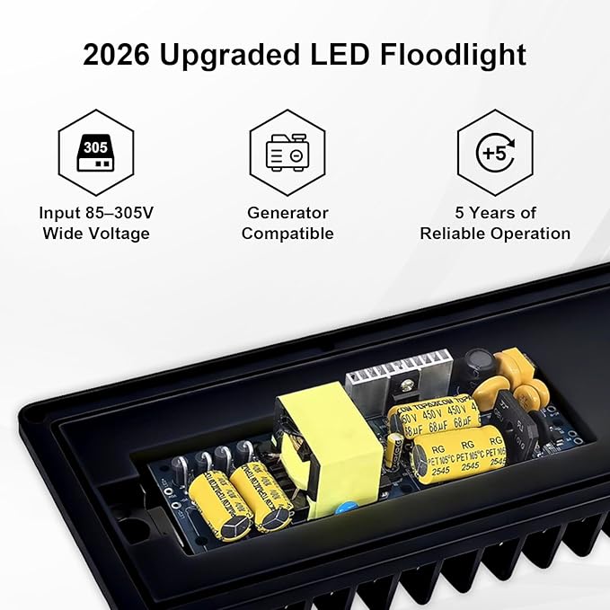 Kekeou 100W LED Flood Light Outdoor with Plug 14000LM 6500K Daylight IP67 Waterproof LED Area &amp Parking Lot Light Wide Voltage 85–305V for Farm Ranch Dock &amp Generator Use