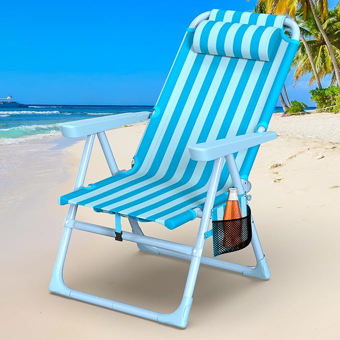 Suteck Backpack Beach Chair 6-Positions Beach Chairs for Adults with Cooler Bag Reclining Beach Chair with Cup Holder Folding Camping Chair for Sand Outdoor
