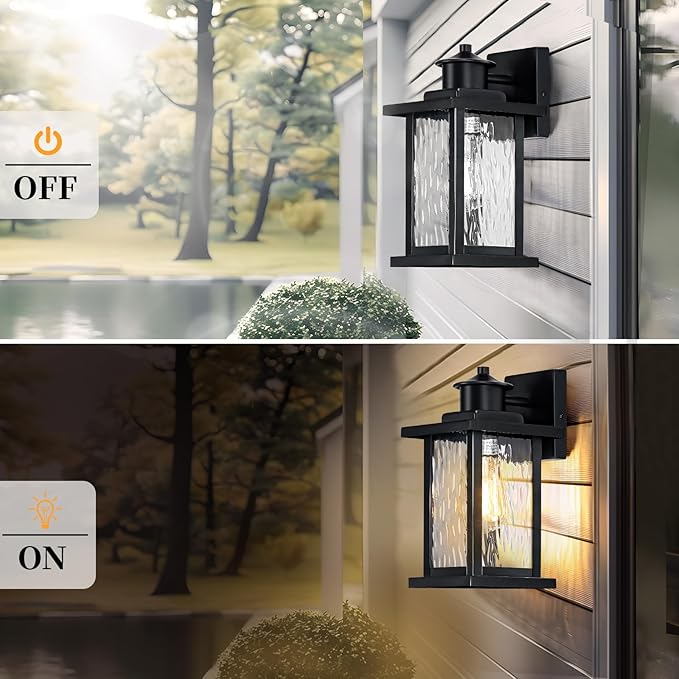 12'' Outdoor Light Fixture 2 Packs Outdoor Wall Lights Exterior Wall Sconce with Water Ripple Glass Waterproof Porch Light Lantern Wall Mounted Modern Black Outside Lights for House Patio Garage