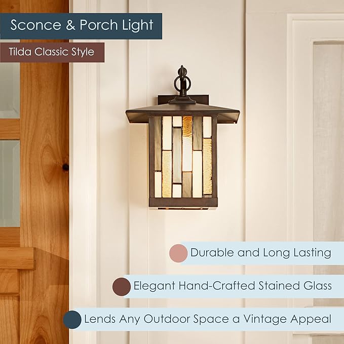 RIVER OF GOODS Stained Glass Outdoor Light Fixture - 11.75 H - Mission Style Porch Light - Tilda
