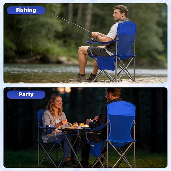 Outdoor Folding Camping Chair with Insulated Cooler Padded Seat and Back Cup Holder Storage Pockets Lightweight Portable Chair with Carry Bag for Camping Beach Lawn and Backyard (Blue)