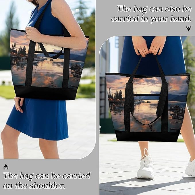 Insulated Shopping BagLarge Reusable Cooler Bags Evening in Vancouver Printed Foldable Shopping BagTravel Waterproof Shoulder Bag