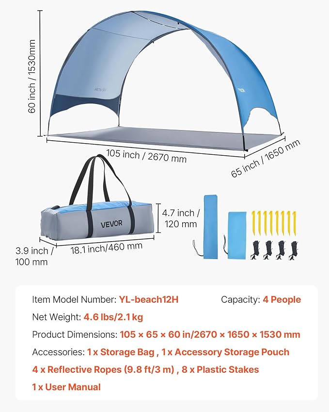 VEVOR Beach Tent Sun Shelter for 4 Person UPF 50+ Portable Sun Shade Beach with Carrying Bag &amp Ground Stakes Lightweight and Easy Setup Beach Umbrella for Camping Fishing Outdoor Picnic