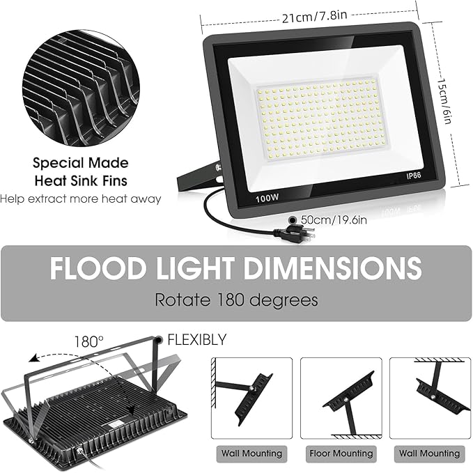 4-Pack 100W LED Flood Light  11000m with 5.91FT/1.8m Cord Super Bright Security Lights IP66 Waterproof Outdoor Flood Light 5000K Daylight White Floodlight for Yard GardenBasketball Court Arena