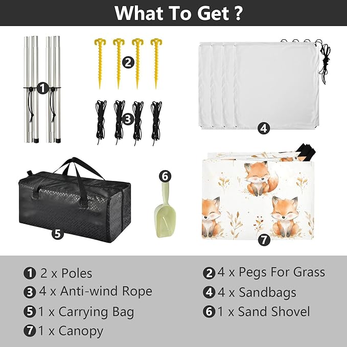 ALAZA Cute Fox Watercolor Beach Tent Sun Shelter UPF50+ Protection Beach Shade Canopy w/ 4 Sandbags for Outdoor Camping Fishing Backyard Fun Picnic 10x9 ft