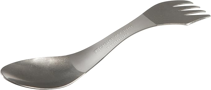 Light My Fire Titanium Spork — Camping Spoon Fork Knife Combo — Reusable Travel &amp Camping Utensils — Unbreakable Non-Toxic BPA Free Outdoor Backpacking Hiking Picnic Utensil — 1 Metal Spork
