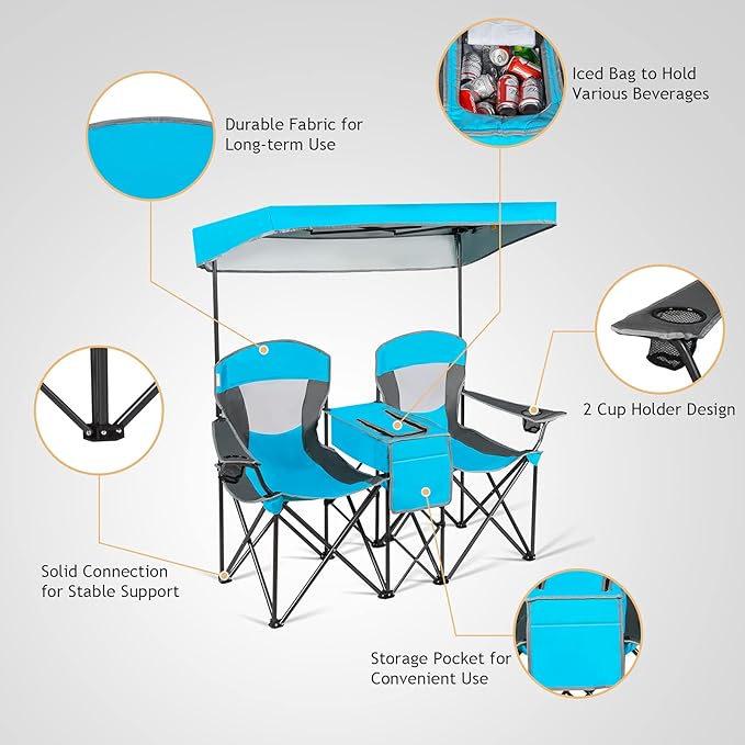 DORTALA Double Camping Chair with Canopy 2 Person Folding Beach Chair with Canopy Shade Table Beverage Holder and Storage Bag Double Rocker Chair Outdoor for Camping Beach Picnic Blue