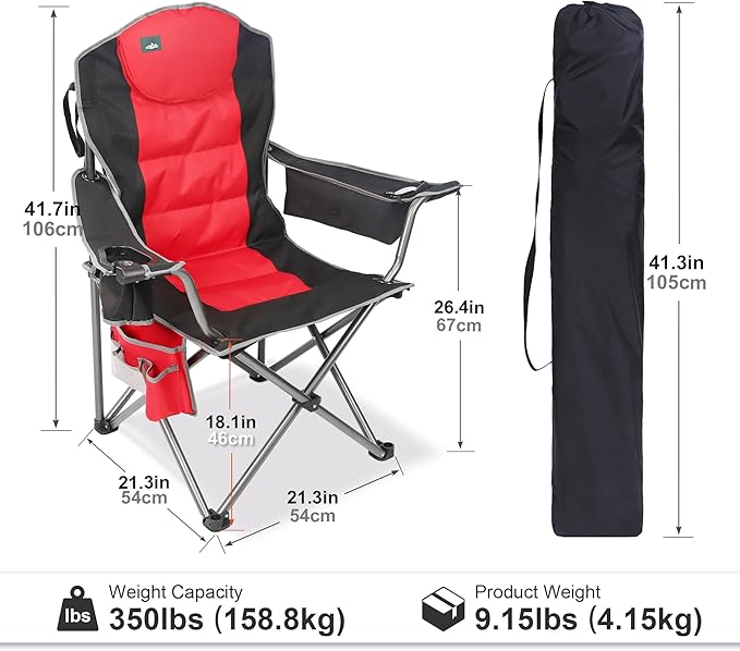 Northroad Oversized Camping Chair Full Padded Outdoor Folding Chair Support 350 LBS Heavy Duty Lawn Chair w/Cup Holder Cooler Bag Lumbar Support for Adult-Black