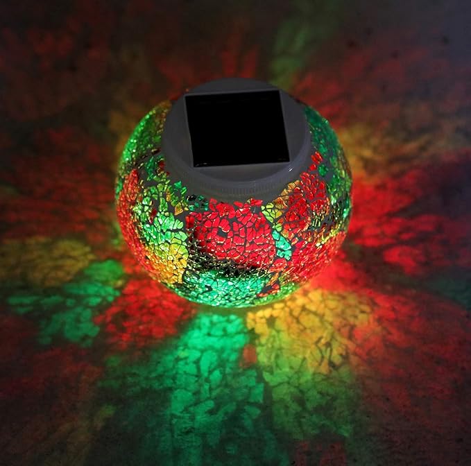 Color Changing Solar Powered Glass Mosaic Ball Led Garden Lights Rechargeable Solar Table Lights Outdoor Waterproof Solar Night Lights Table Lamps for Decorations Ideal Gifts