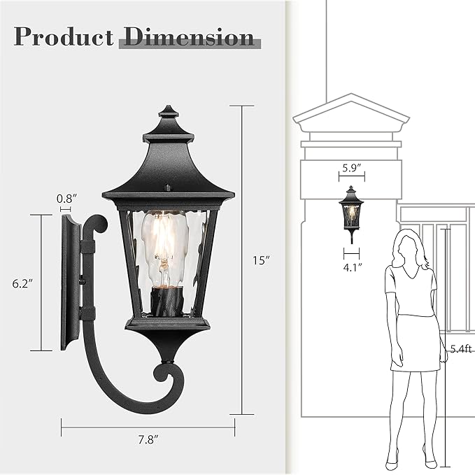 Emliviar Outdoor Light Fixture Wall Mount 15 Inch 1-Light Exterior Wall Sconce Light with Water Ripple Glass Black Finish XE292UB-SW BK