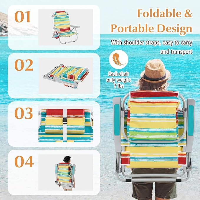 COSTWAY Backpack Beach Chair Foldable Camping Chair with 5 Adjustable Position Cup Holder Storage Pockets Straps Towel Rack Pillow for Patio Outdoor (Color Stripe1)