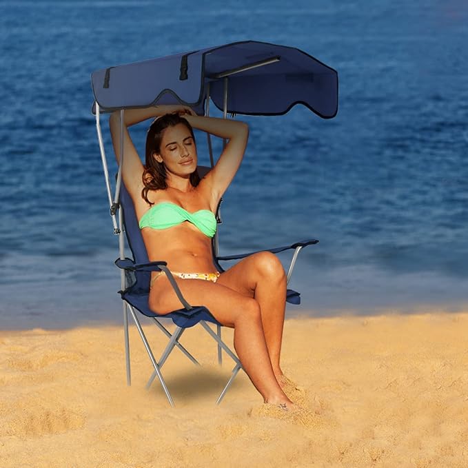 Moclever Folding Canopy Camp Chair – Heavy Duty Sun Protection Beach Chair with Cup Holder Portable Lawn Chair for Outdoor Camping Park Patio (Navy Blue)