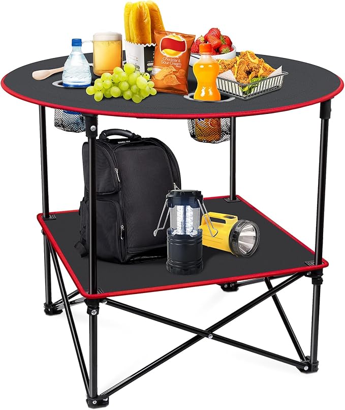 Portable Camping Table Folding Picnic Tables Lightweight Folding Table Waterproof Canvas Beach Table for Outside with 4 Cup Holders &amp Carry Bags for Camping Beach Campfires and Tailgating