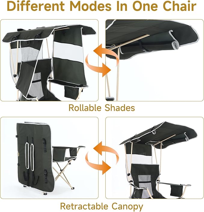CDEN Canopy Chair Chair with Shade Umbrella Chairs Foldable Camping Chairs with Detachable Footrest Cooler Bag Cup Holder for Camping Picnic Sports Patio Traveling (1 Pack)