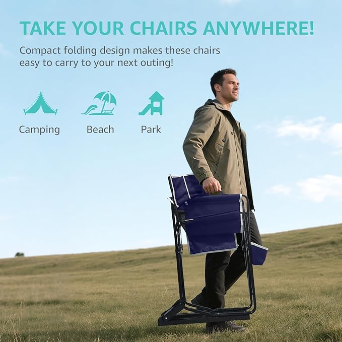 Rocking Camping Chair Rocker Folding Chair Lawn Chairs with Cup Holders Foldable Outdoor Freestyle Navy Blue