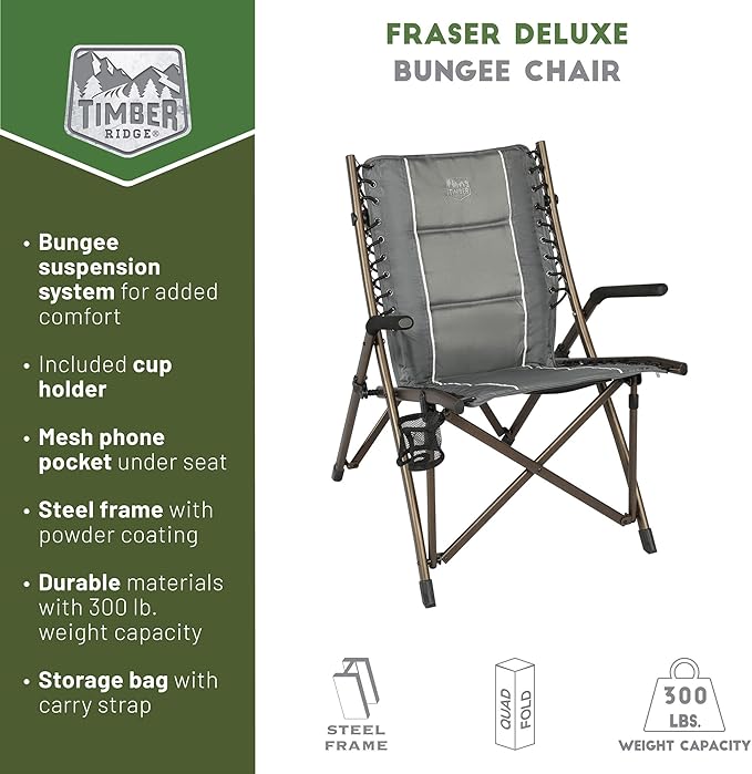 Timber Ridge Bungee Folding Camping Chairs for Adults Heavy Duty Collapsible Padded Chair with Armrests Cup Holder Foldable Outdoor Lounge Chairs for Beach Fishing Lawn Supports 300 lbs Grey
