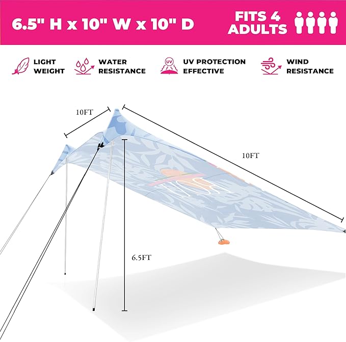 Roxy Portable Beach Shelter – UPF 50+ Sun Protection Tent with Sandbag Anchors &amp Ventilation Lightweight &amp Waterproof for Beach Camping or Outdoor Use – Fits 4-6 People