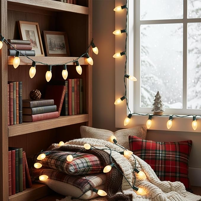 25 FT C9 Frosted Christmas LightsWarm White Outdoor Light with 26 Bulbs(1 Spare) C9/ E17 BaseOld Fashioned Christmas Lights for Roofline Yard Garden Wedding Decorations