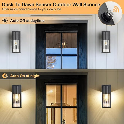 2 Pack Dusk to Dawn Outdoor Wall Lights Modern Farmhouse Outdoor Wall Lanterns Black Porch Light with Seed Glass Modern Waterproof Exterior Light Fixtures Wall Mount Sconce for House Garage Front Door
