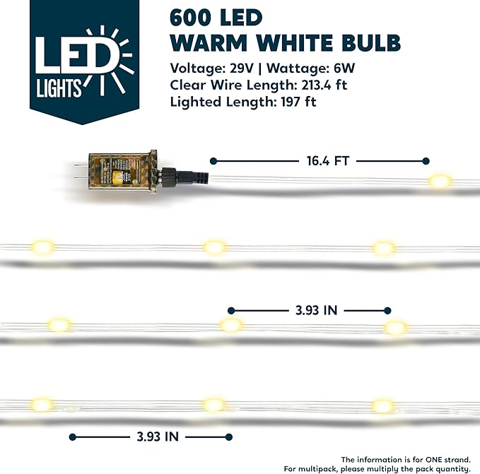 Joiedomi 600 LED Christmas Lights Outdoor197 FT Warm White Christmas Tree Lights with 8 Modes Timer PVC Clear Wire String Lights with Reel for Indoor Outdoor Holiday Xmas Eve Night Decorations