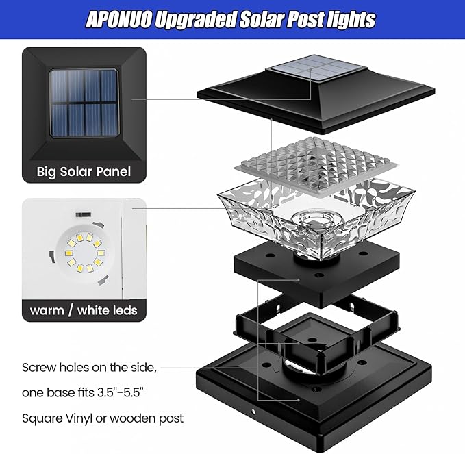 APONUO Solar Post Cap Lights 6 Pack for 4x4 5x5 6x6 Wood &amp Vinyl Fences - IP65 Waterproof All-Night Auto On/Off Warm/Cool White Light Outdoor Deck Patio Garden (Black)