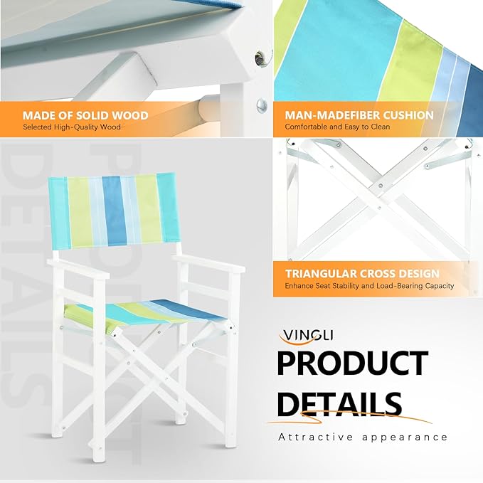 VINGLI Widen Folding Director Chair Set of 2 with Sturdy Wooden Frame &amp Beige Canvas Portable Durable for Outdoor Patio Camping Use Green and Blue Strip