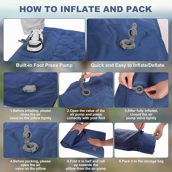 Camping Sleeping Pad with Pillow: Extra Thick 4.7 Inch Ultra-Light Self Inflating Airpad Most Comfortable Inflatable Sleep Mattress with Foot Pump for Backpacking Camp Hiking Tent (Navy Blue)