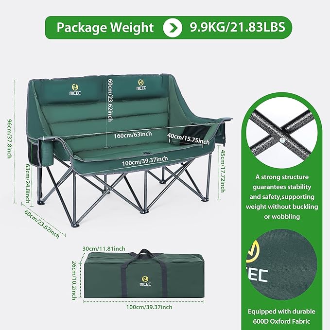 Nice C Double Padded Camping Chair Oversized Loveseat Camping Chair Outdoor Camping Couch for Adults Lawn Chairs Extra Padded with Cup Holder Cooler Bag Bottle Opener (Green)