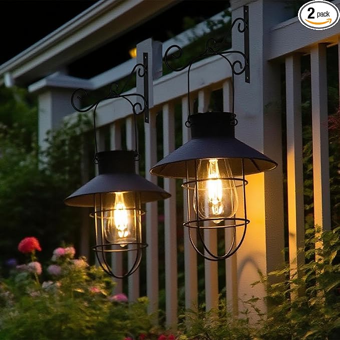 2 Pack Solar Lantern Hanging Waterproof Outdoor Metal Solar Lamp with Wall Hooks Warm White Light Decorate for Yard Garden Pathway Patio Porch Decor (Black)