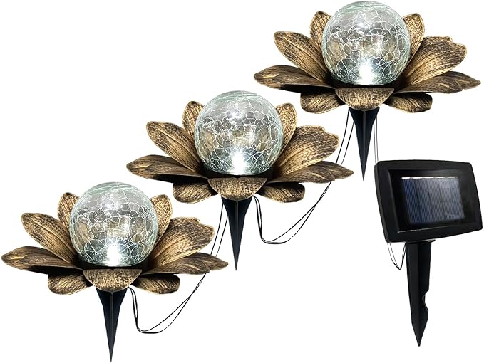 LEWIS&ampWAYNE Solar Garden Lights Outdoor 3 Pcs Coppery Lotus Flower Pathway Lamps with Cool White Crackle Glass Globe Led Lights for Patio Pathway Yard Balcony Garden Decorations