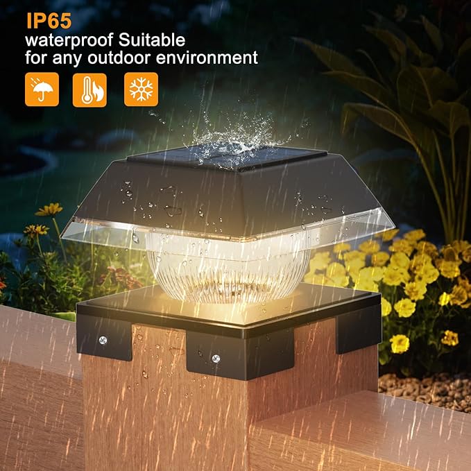 Sumaote Solar Post Cap Lights for 4x4 Wood &amp Vinyl Fence Adjustable Base - 2-Color Modes 3000K/6000K IP65 Waterproof 120 Lumens Dusk to Dawn Outdoor Deck Lighting 4 Pack Black