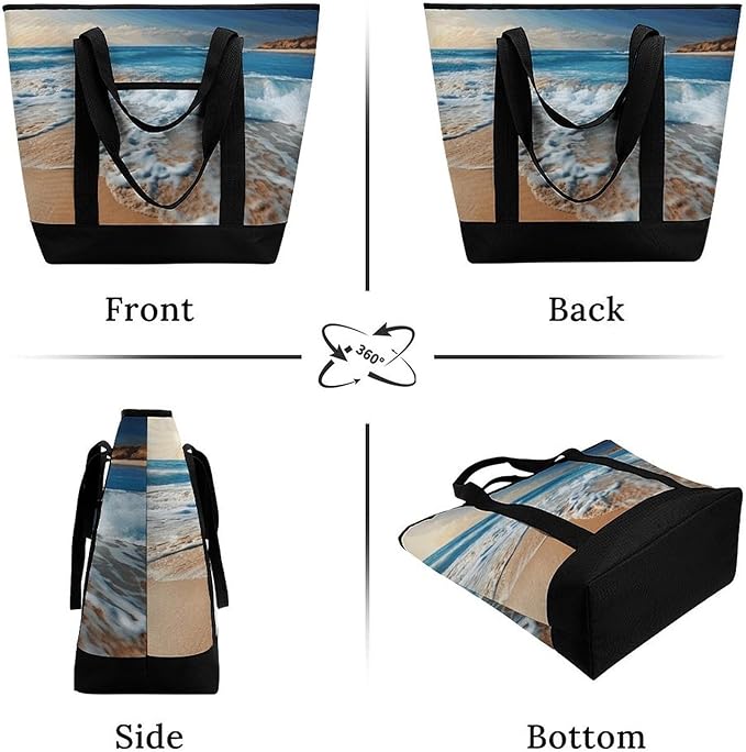 Insulated Shopping BagLarge Reusable Cooler Bags Blue Sea Sandy Beach Printed Foldable Shopping BagTravel Waterproof Shoulder Bag
