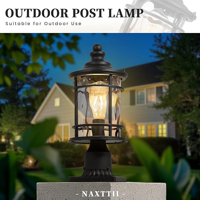 Outdoor Post Light Pole Lantern 14.9 Inch Height Lamp Post Light Fixture Aluminum Material Water Ripple Glass Black Outdoor Pillar Lights Hard Wired E26 Socket