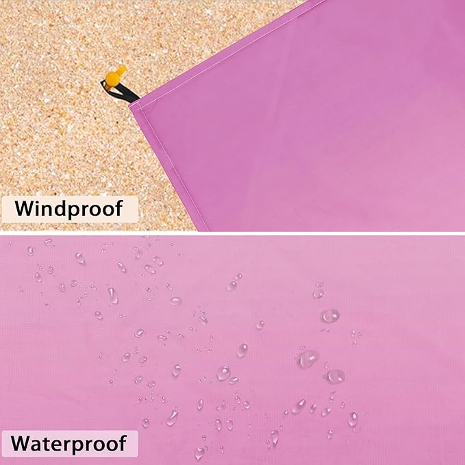 Large Beach Blanket Waterproof Sandproof Blue Pink Gradient Weighted Polyester Picnic Blanket Windproof w/Stakes and Sand Pockets Outdoor Camping Beach Mat Sand Free Fits 8 Adult for Travel Hiking