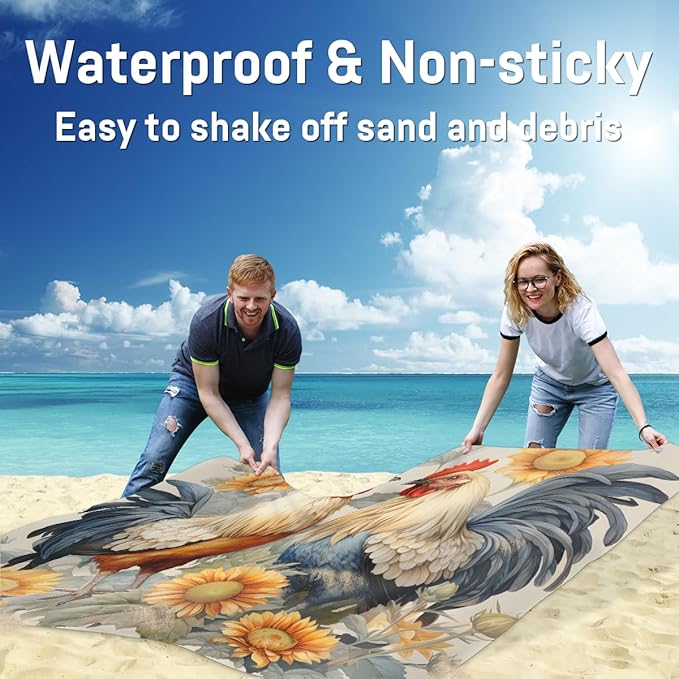 Waterproof Sandproof Beach Blanket 59''×68'' Mother Hen Polyester Outdoor Picnic Blanket with 4 Stakes &amp Storage Bag for BeachCampingVacation Sunflowers