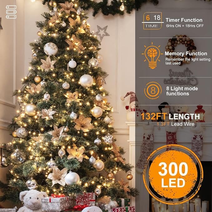 Quntis Battery Powered String Lights Outdoor 132FT 300 LED Indoor Christmas Tree Lights Waterproof with 8 Modes and Timer for Halloween Patio Balcony Garden Warm White